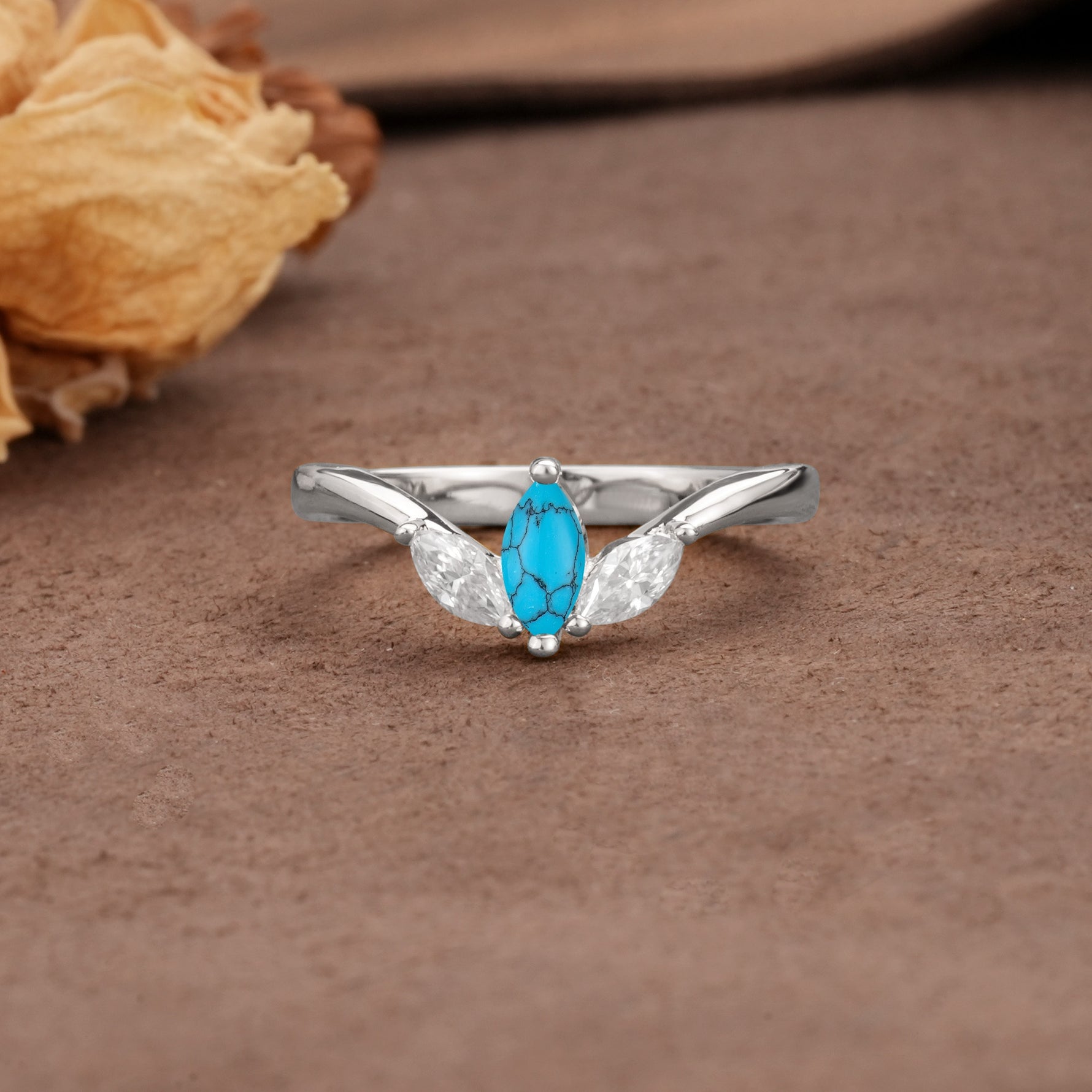 Unique, Minimalist 2-Prong Marquise Cut Turquoise Three-Stone Wedding Ring - Additional view
