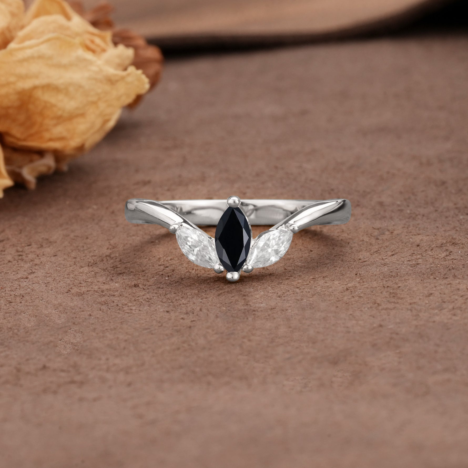 Unique, Minimalist 2-Prong Marquise Cut Black Onyx Three-Stone Wedding Ring - Additional view