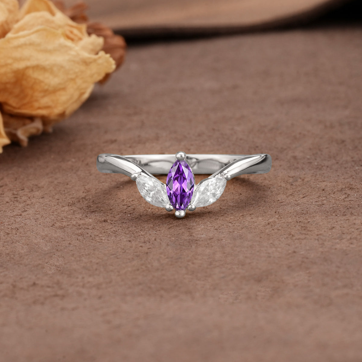 Unique, Minimalist 2-Prong Marquise Cut Amethyst Three-Stone Wedding Ring - Additional view