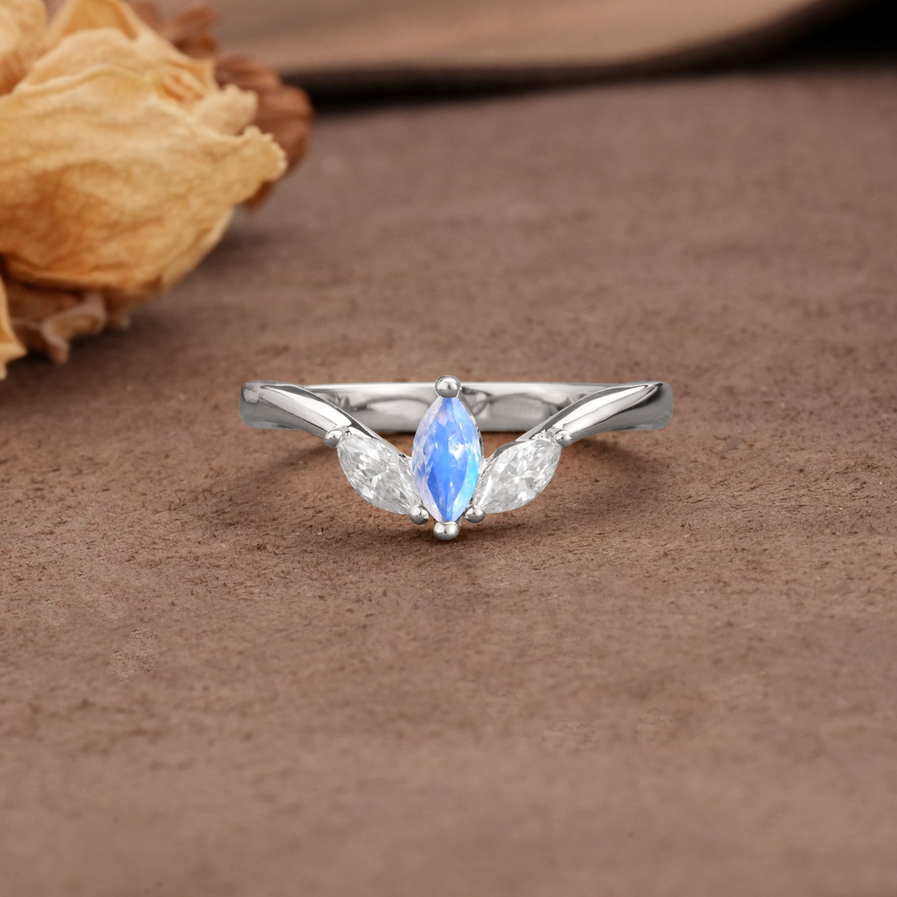 Unique, Minimalist 2-Prong Marquise Cut Moonstone Three-Stone Wedding Ring - Additional view