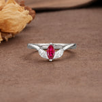 Unique, Minimalist 2-Prong Marquise Cut Ruby Three-Stone Wedding Ring - Additional view