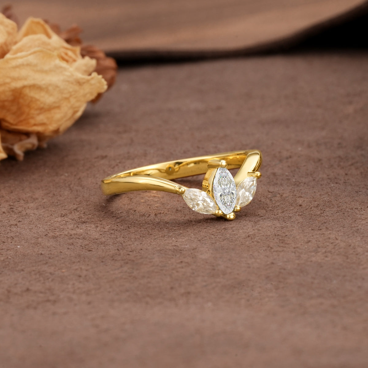 Unique, Minimalist 2-Prong Marquise Cut Moissanite Three-Stone Wedding Ring - Additional view
