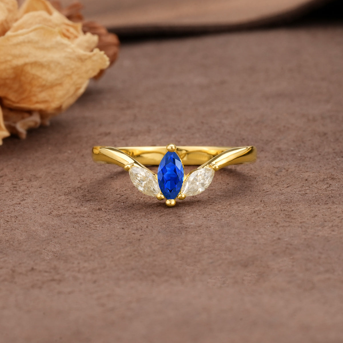 Unique, Minimalist 2-Prong Marquise Cut Sapphire Three-Stone Wedding Ring - Additional view