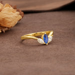 Unique, Minimalist 2-Prong Marquise Cut Sapphire Three-Stone Wedding Ring - Additional view