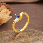 Unique, Minimalist 2-Prong Marquise Cut Sapphire Three-Stone Wedding Ring - Additional view