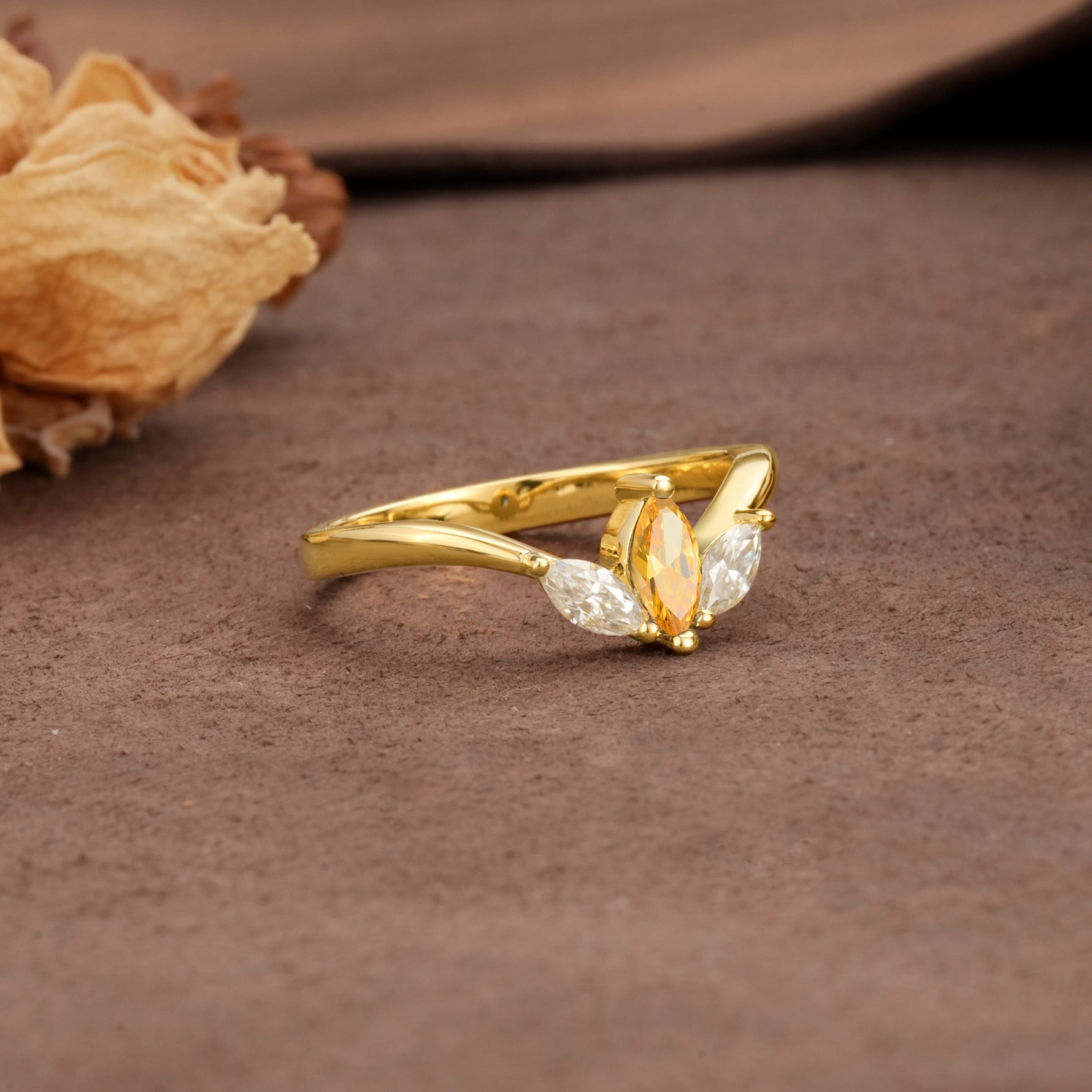 Unique, Minimalist 2-Prong Marquise Cut Citrine Three-Stone Wedding Ring - Additional view