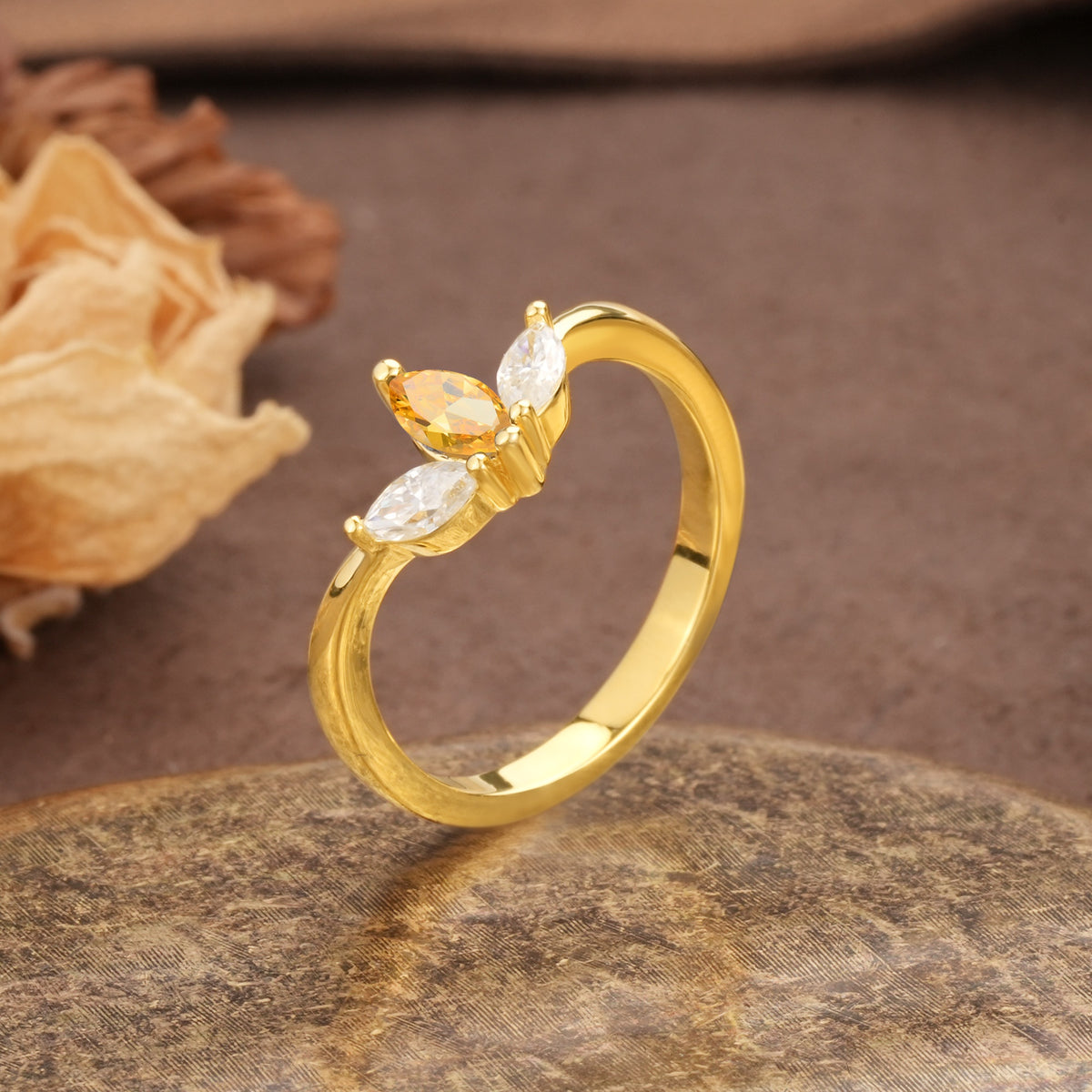 Unique, Minimalist 2-Prong Marquise Cut Citrine Three-Stone Wedding Ring - Additional view
