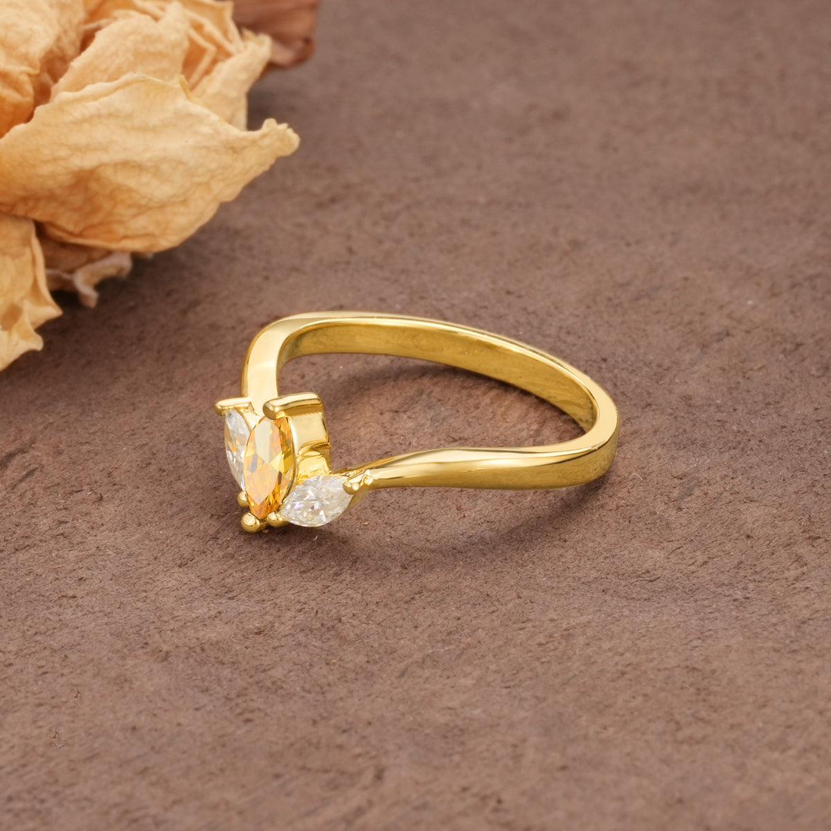 Unique, Minimalist 2-Prong Marquise Cut Citrine Three-Stone Wedding Ring - Additional view