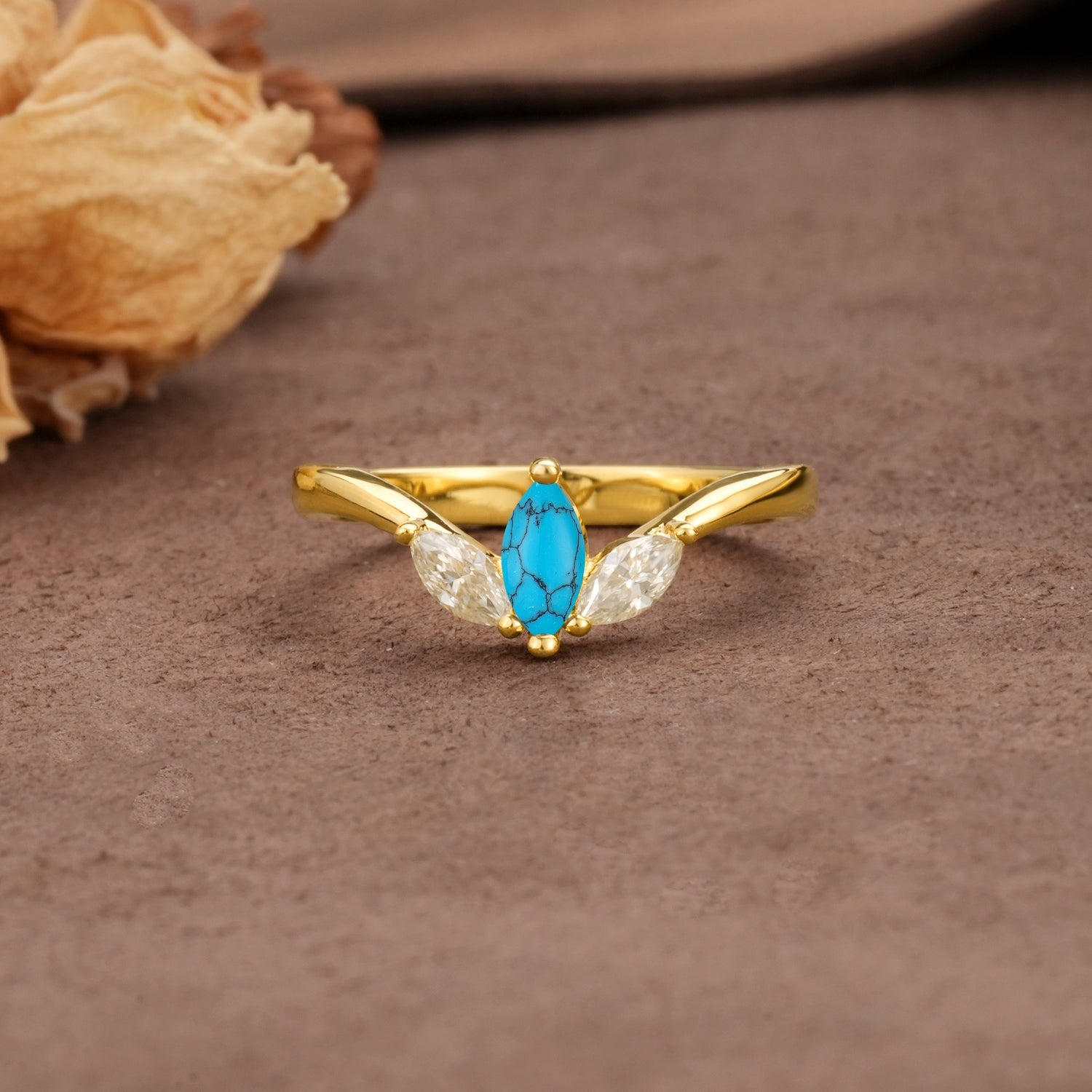 Unique, Minimalist 2-Prong Marquise Cut Turquoise Three-Stone Wedding Ring - Additional view