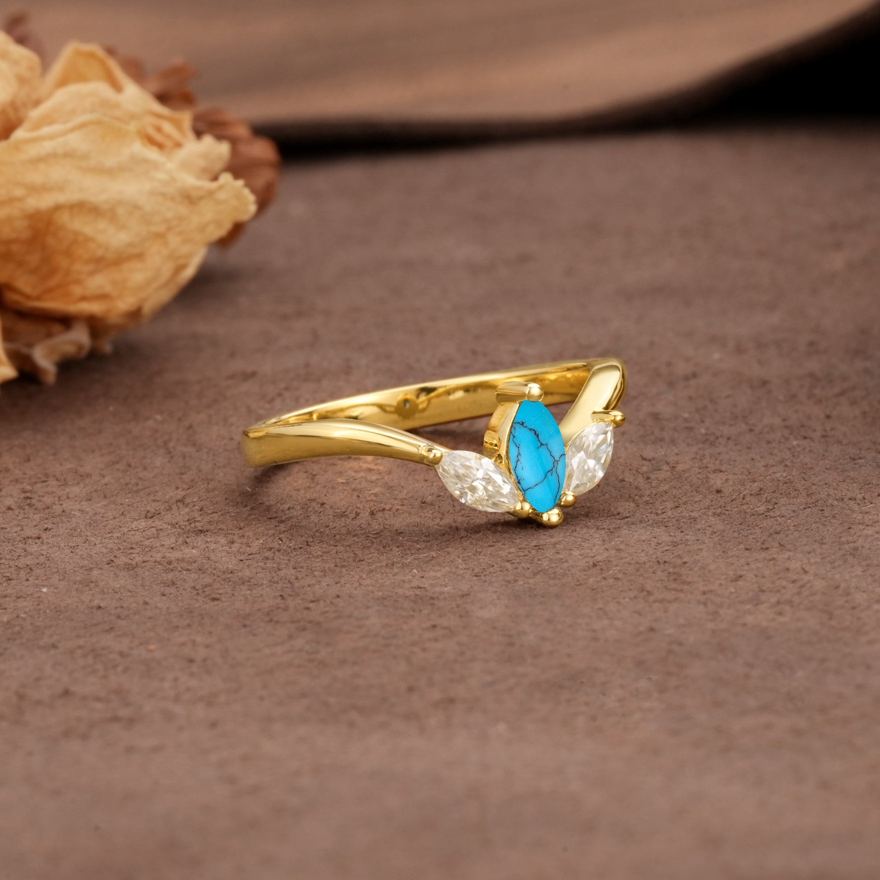 Unique, Minimalist 2-Prong Marquise Cut Turquoise Three-Stone Wedding Ring - Additional view