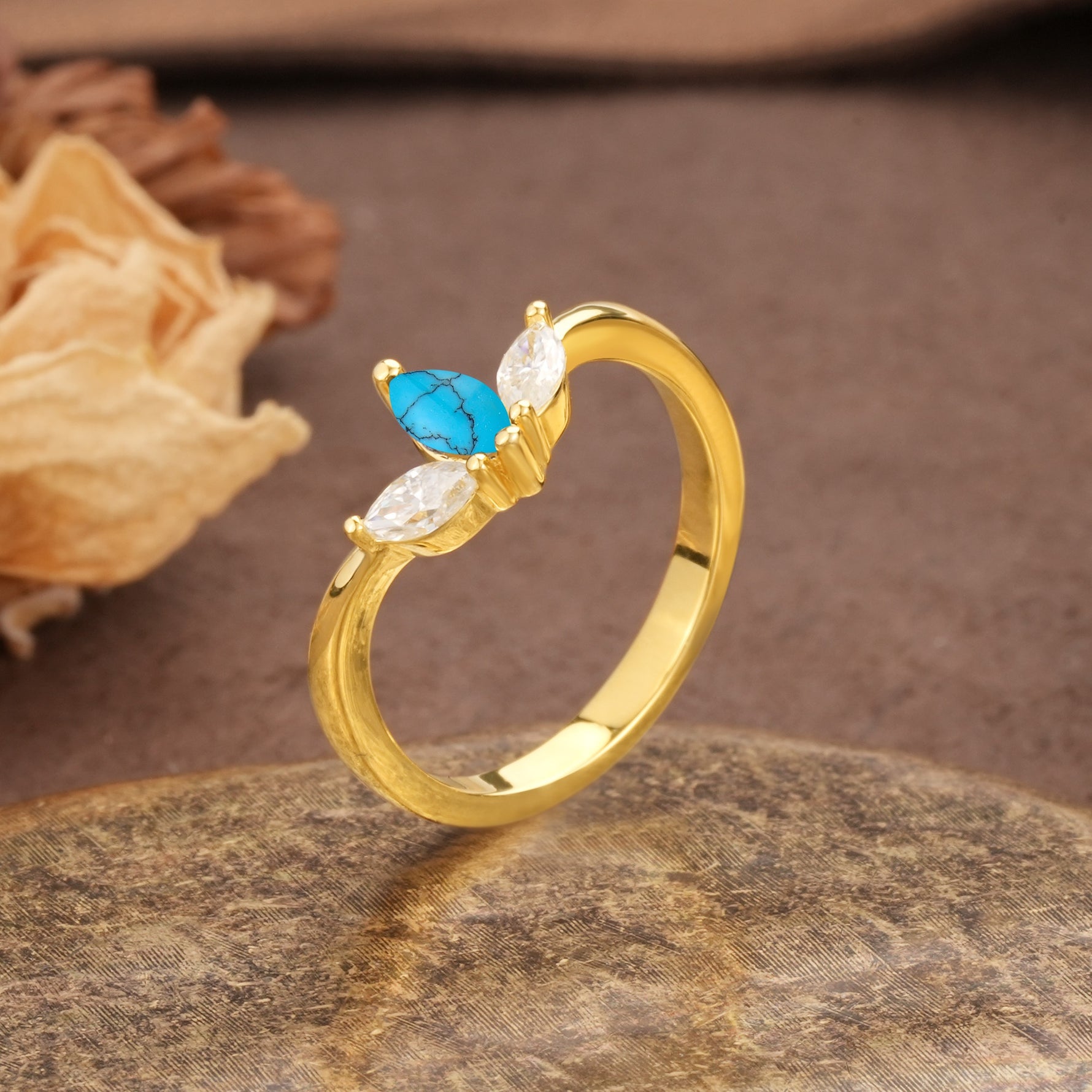Unique, Minimalist 2-Prong Marquise Cut Turquoise Three-Stone Wedding Ring - Additional view