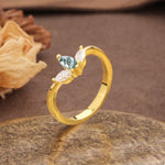 Unique, Minimalist 2-Prong Marquise Cut Moss Agate Three-Stone Wedding Ring - Additional view