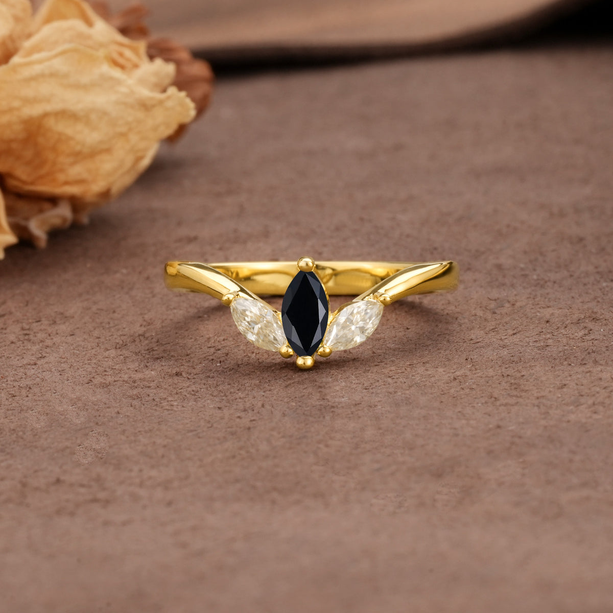 Unique, Minimalist 2-Prong Marquise Cut Black Onyx Three-Stone Wedding Ring - Additional view