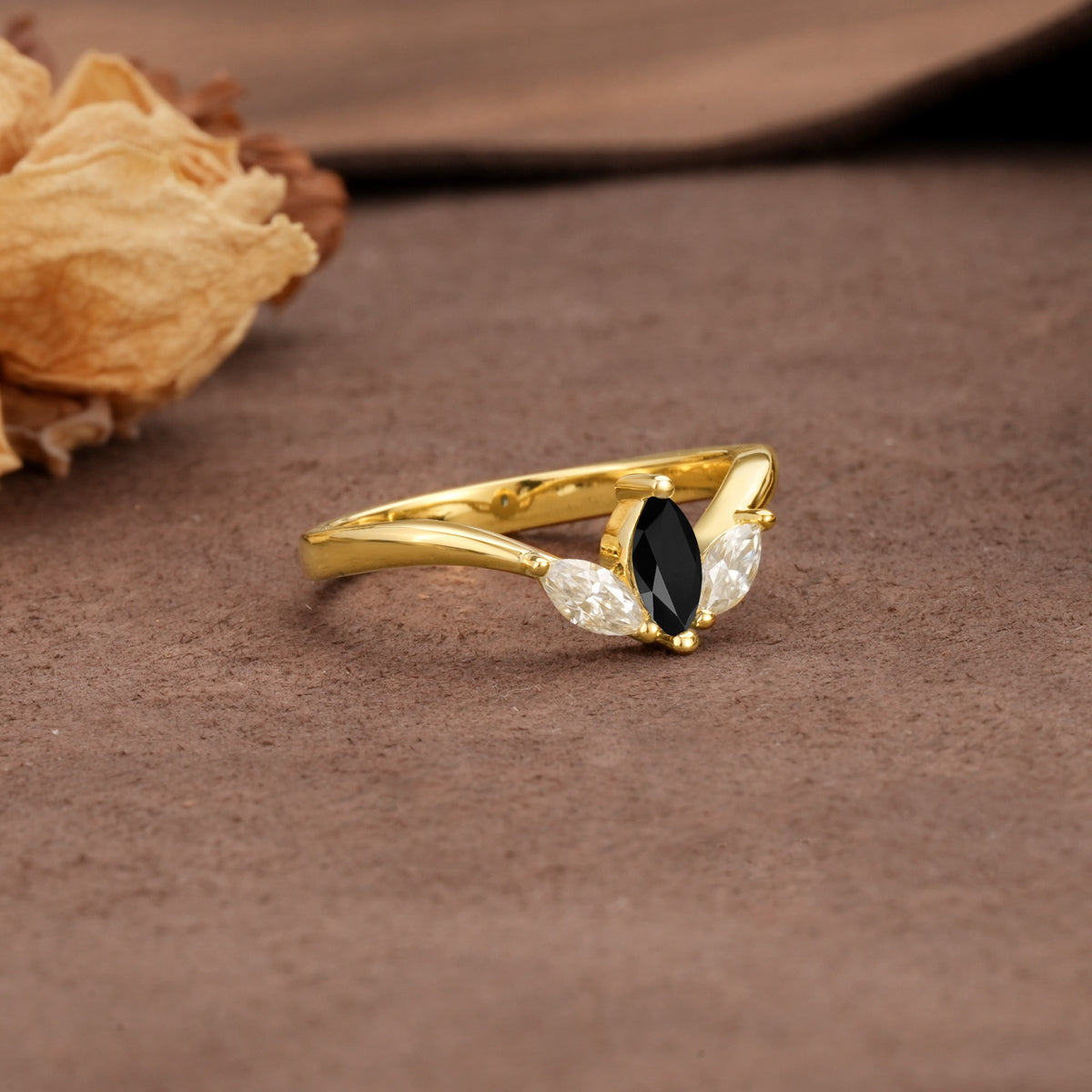 Unique, Minimalist 2-Prong Marquise Cut Black Onyx Three-Stone Wedding Ring - Additional view