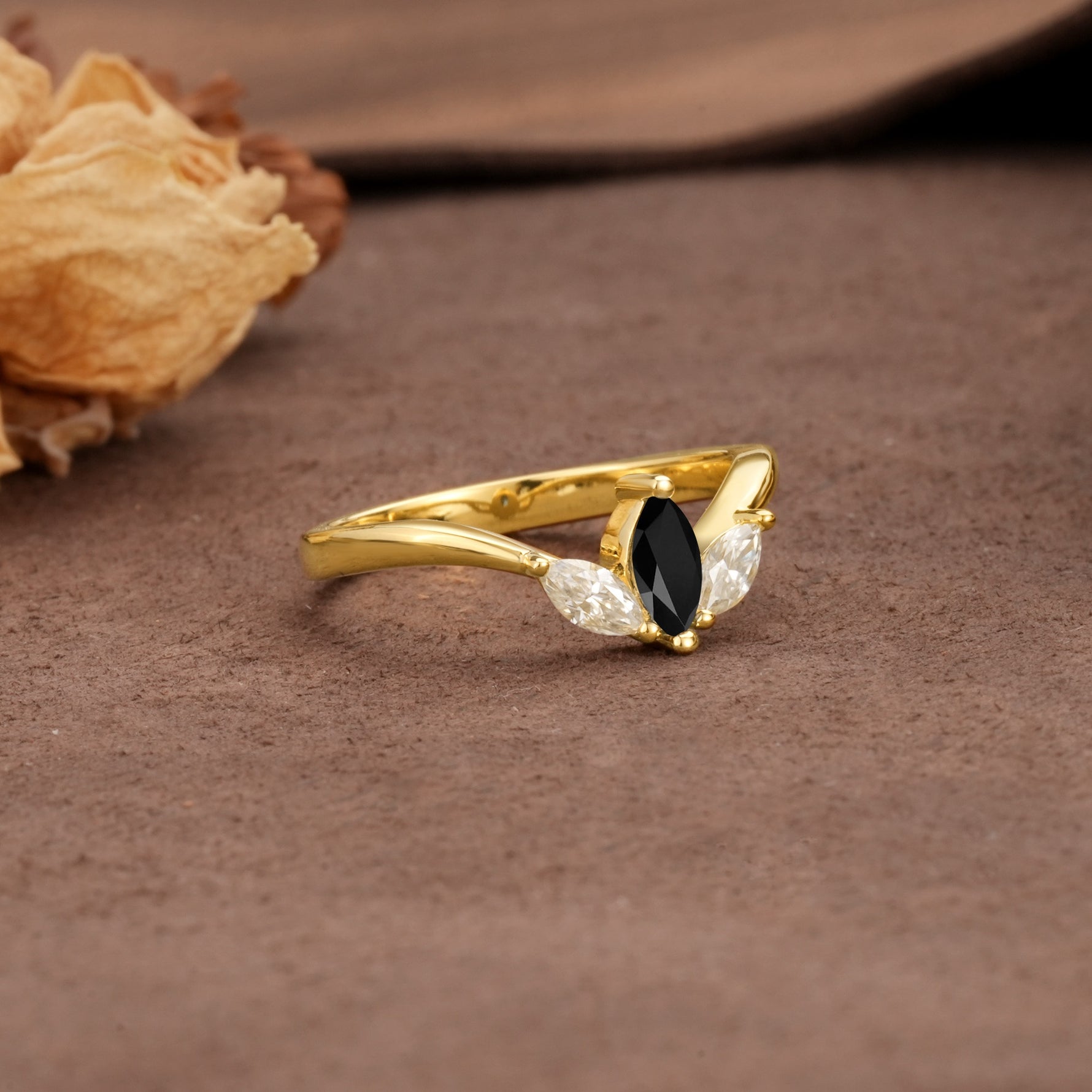 Unique, Minimalist 2-Prong Marquise Cut Black Onyx Three-Stone Wedding Ring - Additional view