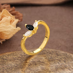Unique, Minimalist 2-Prong Marquise Cut Black Onyx Three-Stone Wedding Ring - Additional view
