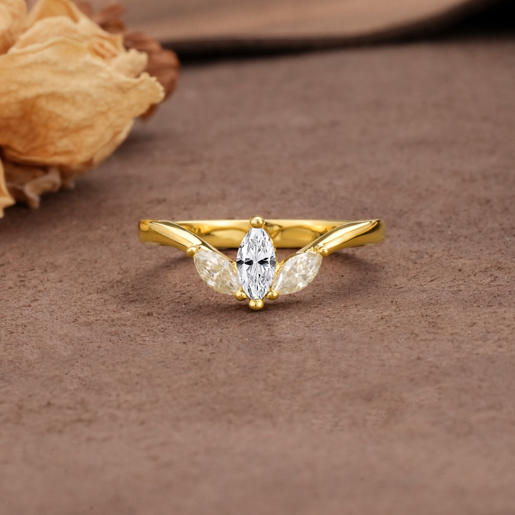 Unique, Minimalist 2-Prong Marquise Cut Lab Diamond Three-Stone Wedding Ring - Additional view