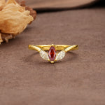 Unique, Minimalist 2-Prong Marquise Cut Garnet Three-Stone Wedding Ring - Additional view