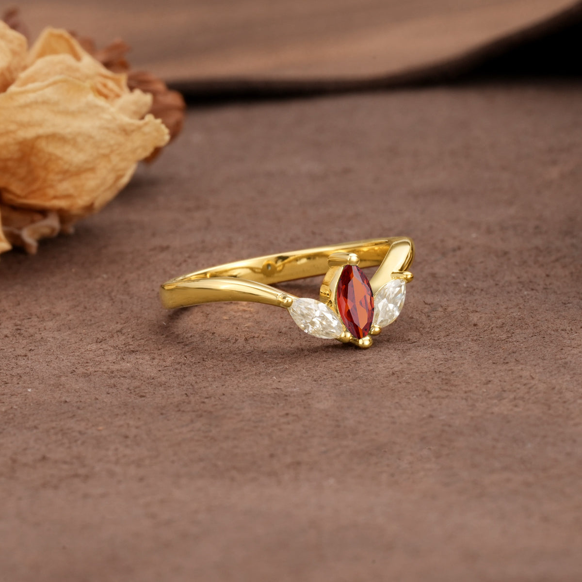 Unique, Minimalist 2-Prong Marquise Cut Garnet Three-Stone Wedding Ring - Additional view