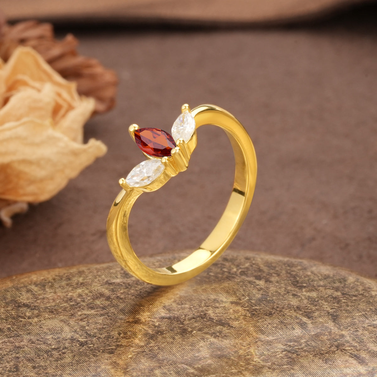 Unique, Minimalist 2-Prong Marquise Cut Garnet Three-Stone Wedding Ring - Additional view