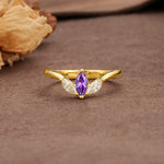 Unique, Minimalist 2-Prong Marquise Cut Amethyst Three-Stone Wedding Ring - Additional view