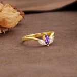 Unique, Minimalist 2-Prong Marquise Cut Amethyst Three-Stone Wedding Ring - Additional view