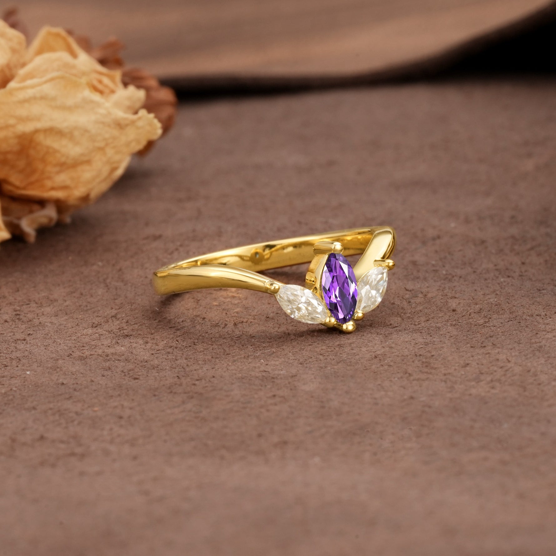Unique, Minimalist 2-Prong Marquise Cut Amethyst Three-Stone Wedding Ring - Additional view