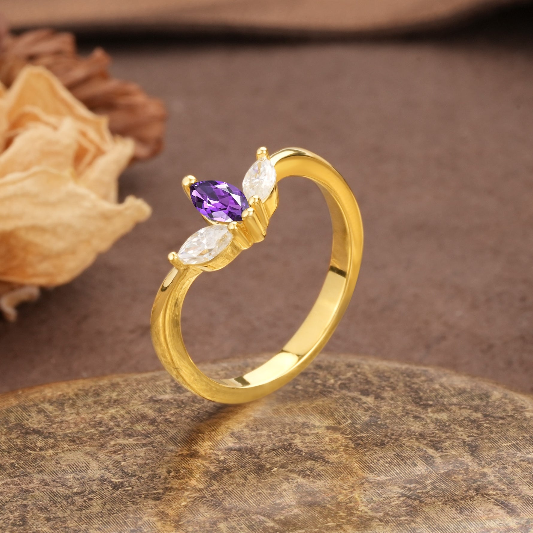Unique, Minimalist 2-Prong Marquise Cut Amethyst Three-Stone Wedding Ring - Additional view