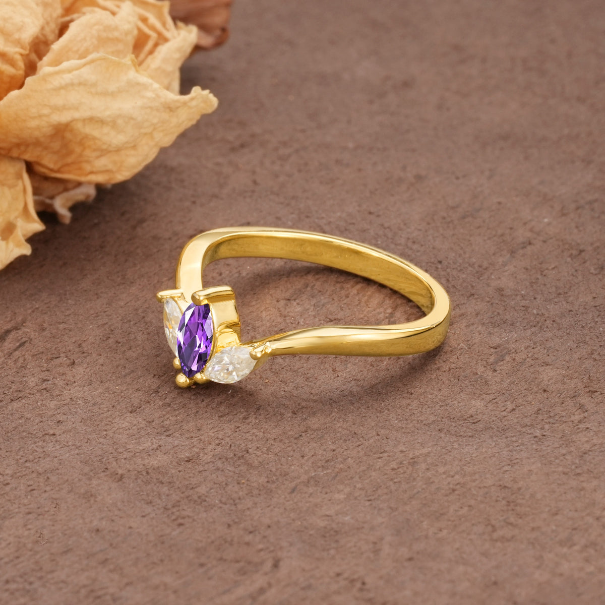 Unique, Minimalist 2-Prong Marquise Cut Amethyst Three-Stone Wedding Ring - Additional view