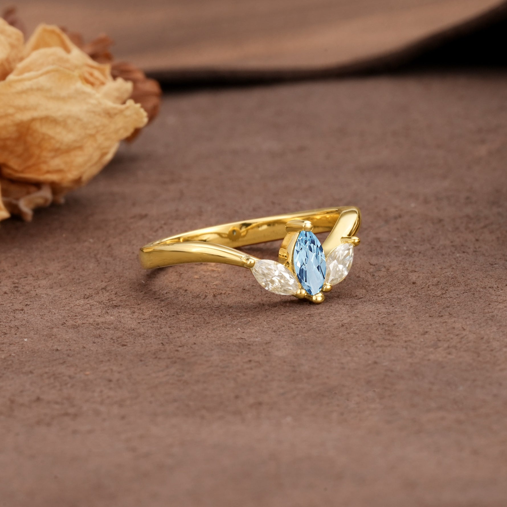 Unique, Minimalist 2-Prong Marquise Cut Aquamarine Three-Stone Wedding Ring - Additional view