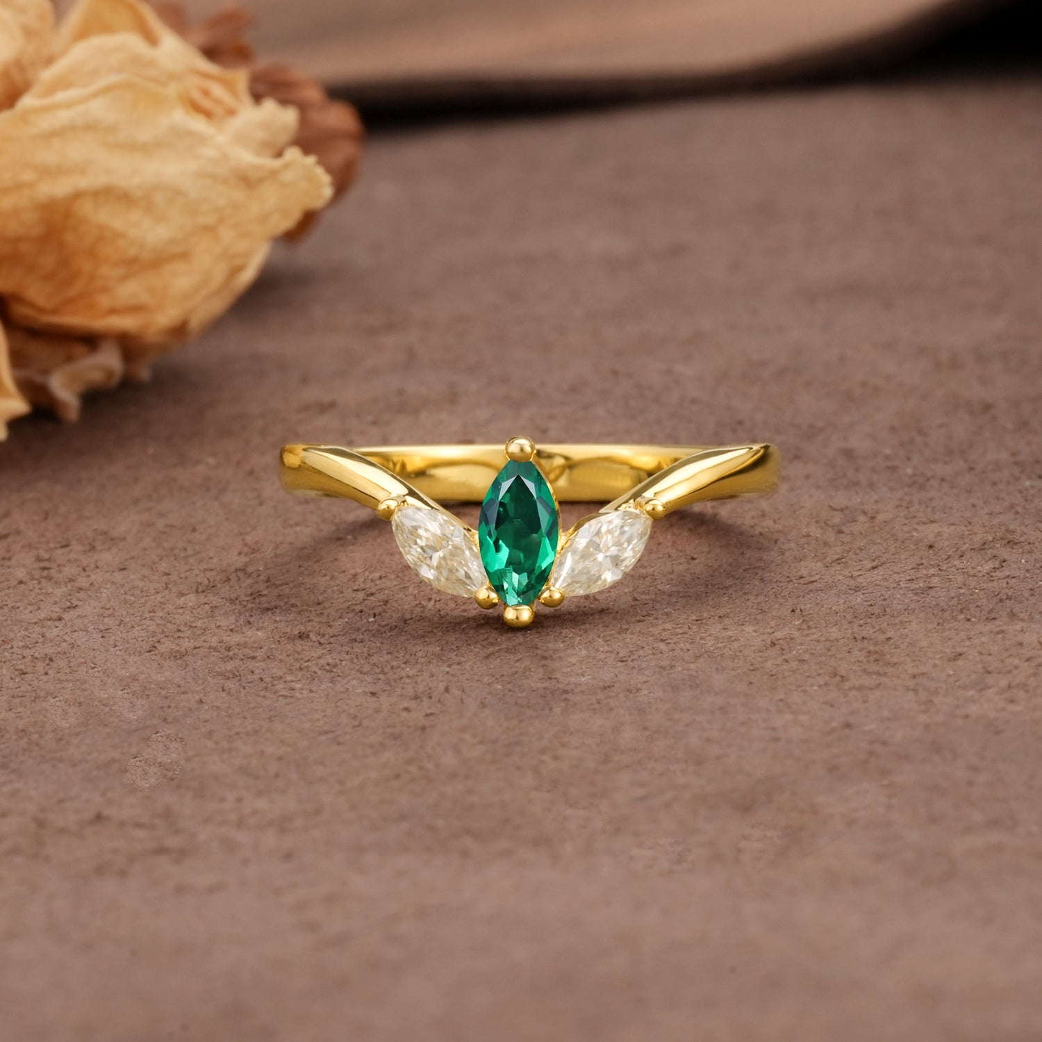 Unique, Minimalist 2-Prong Marquise Cut Emerald Three-Stone Wedding Ring - Additional view