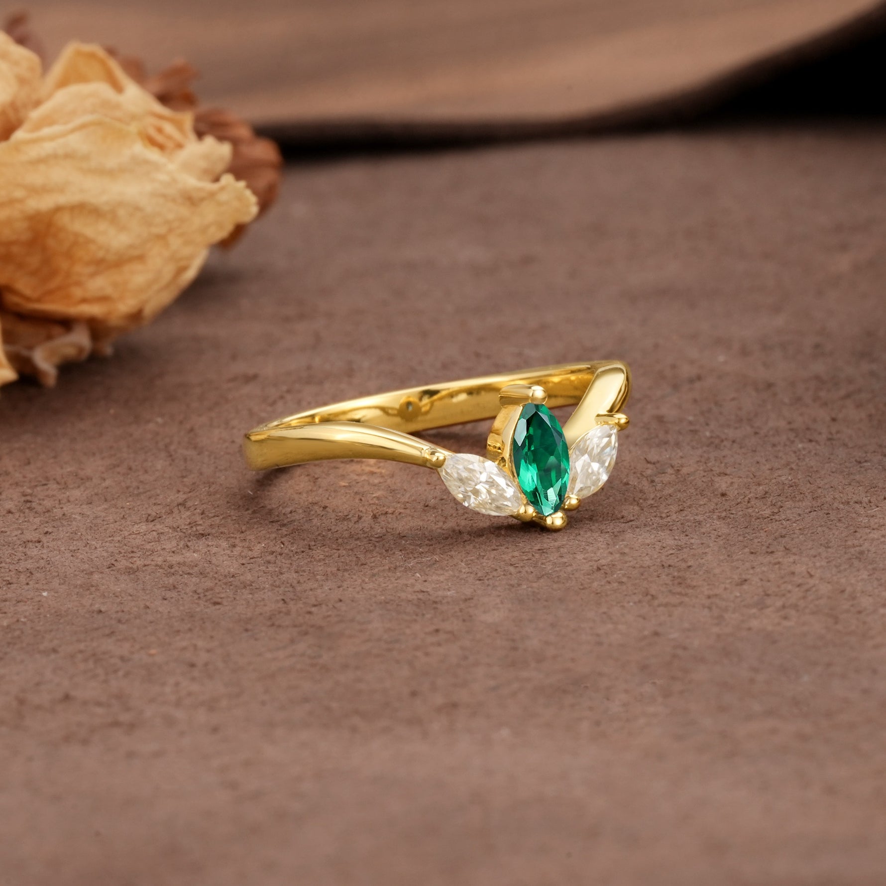 Unique, Minimalist 2-Prong Marquise Cut Emerald Three-Stone Wedding Ring - Additional view