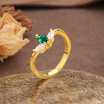 Unique, Minimalist 2-Prong Marquise Cut Emerald Three-Stone Wedding Ring - Additional view