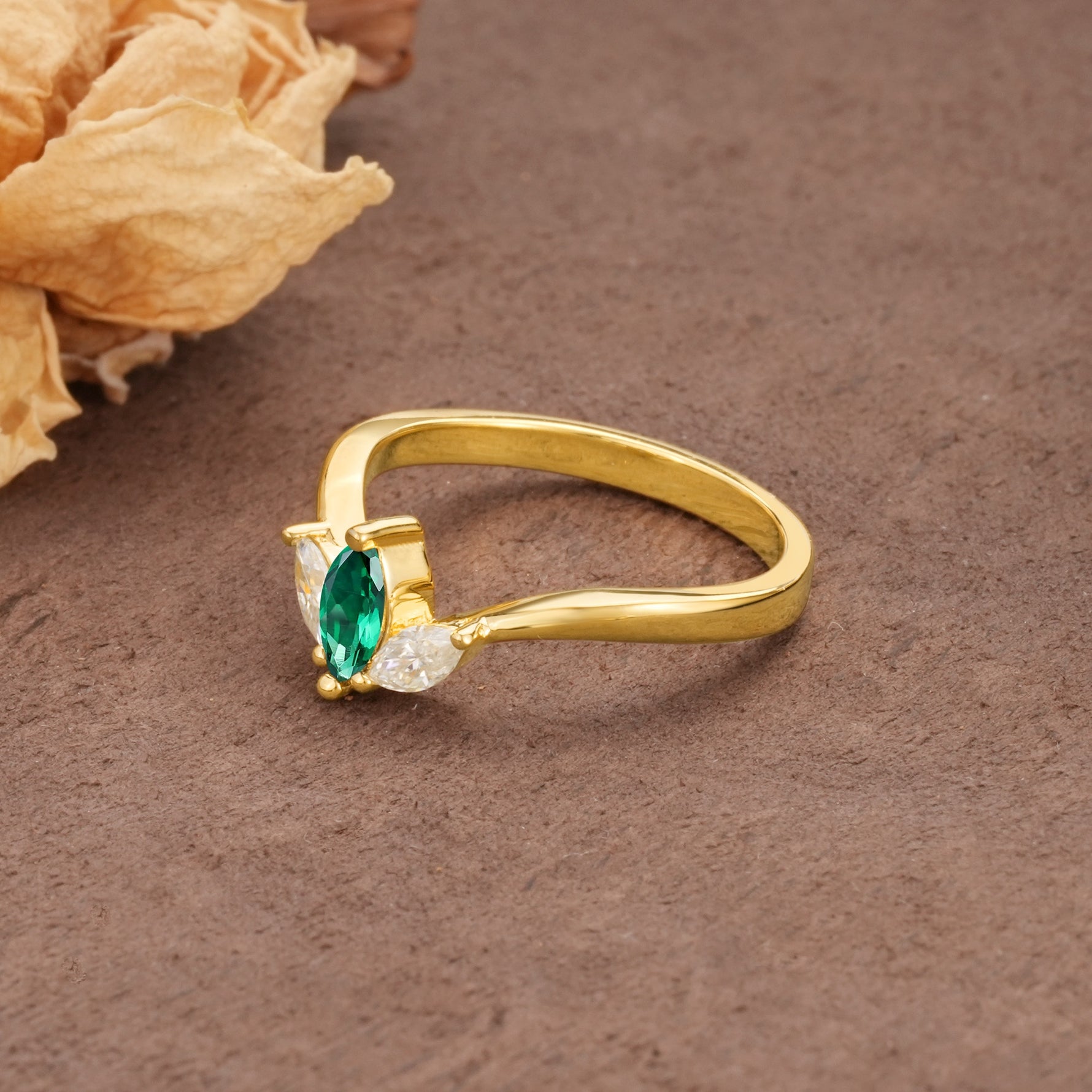 Unique, Minimalist 2-Prong Marquise Cut Emerald Three-Stone Wedding Ring - Additional view