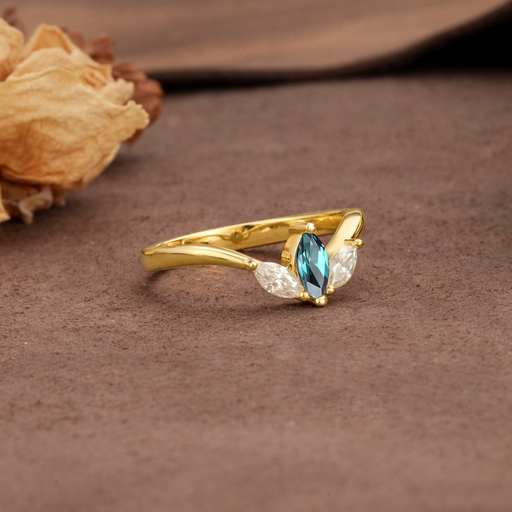 Unique, Minimalist 2-Prong Marquise Cut Alexandrite Three-Stone Wedding Ring - Additional view