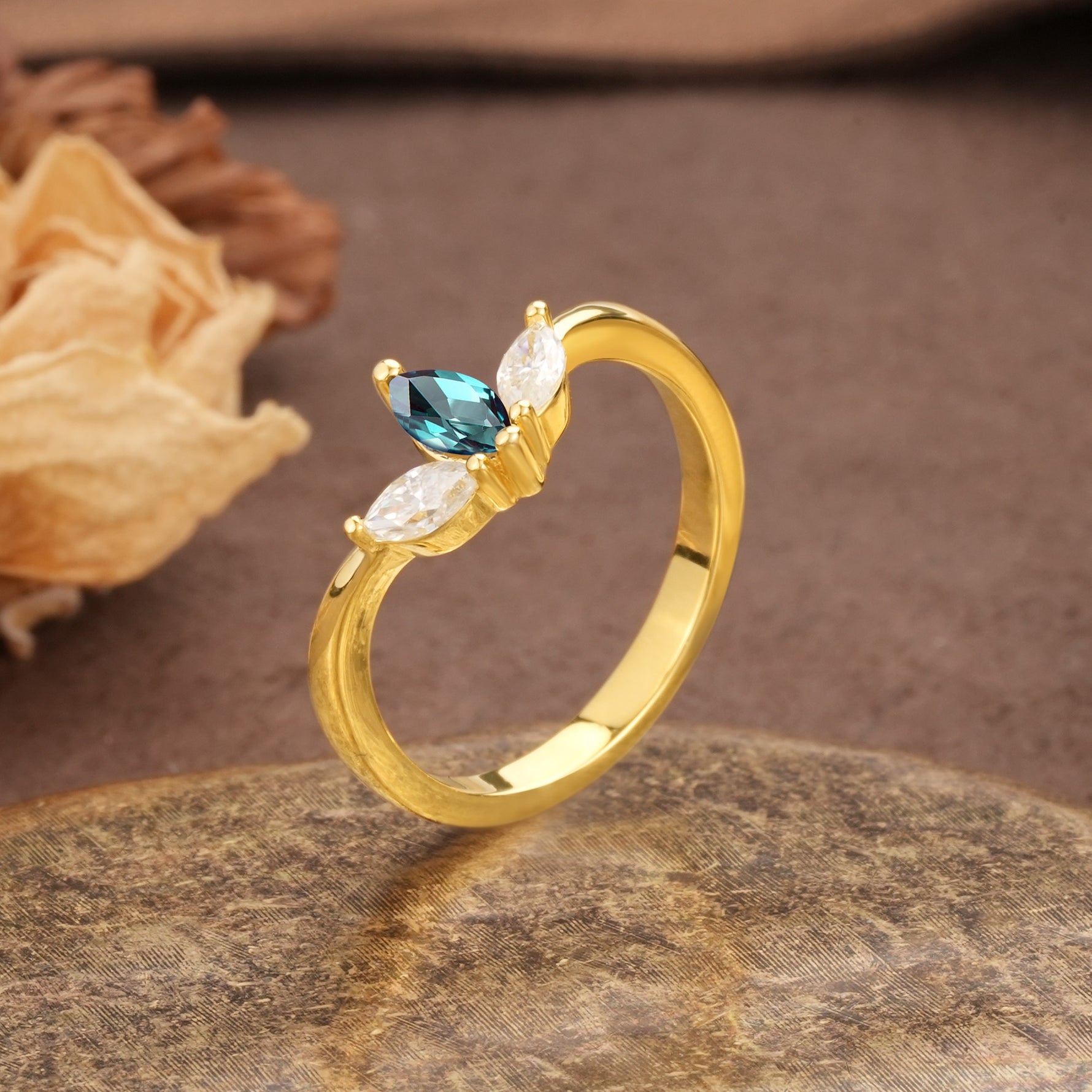Unique, Minimalist 2-Prong Marquise Cut Alexandrite Three-Stone Wedding Ring - Additional view