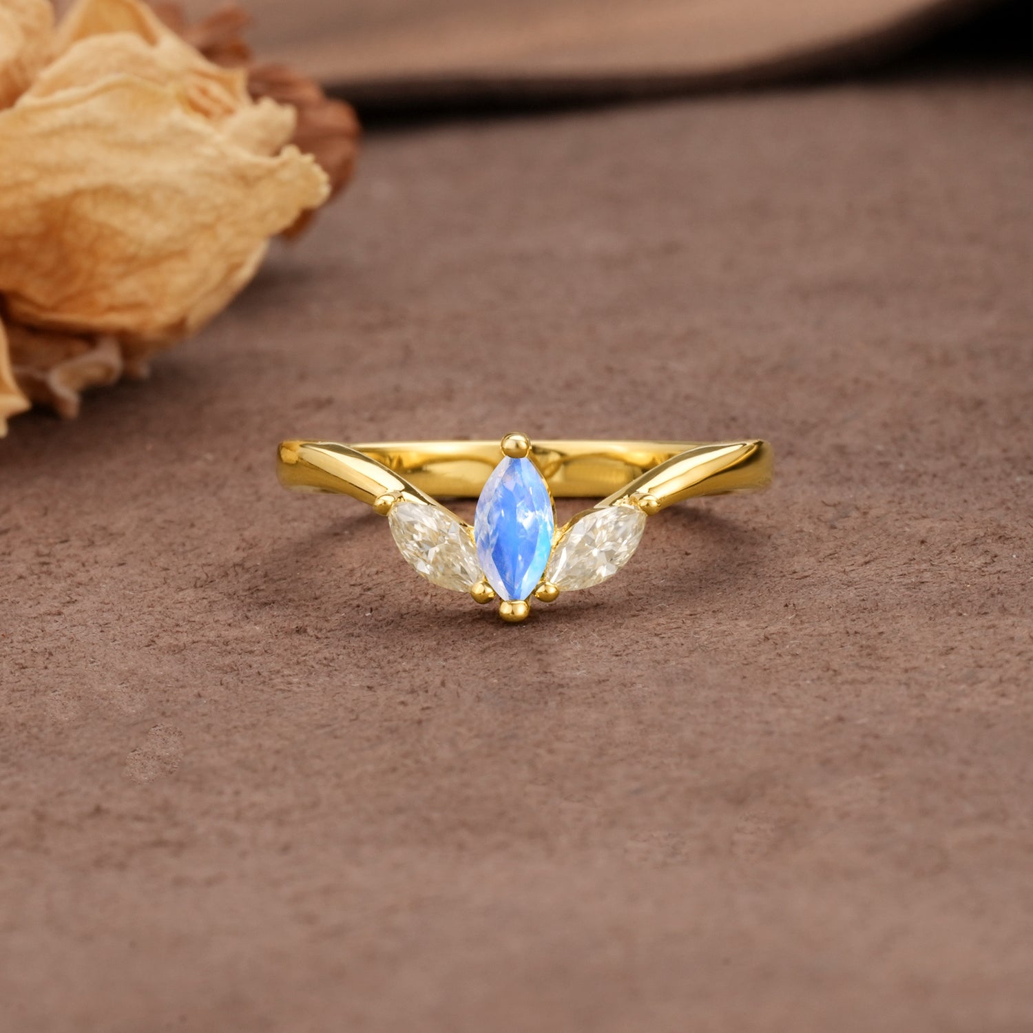 Unique, Minimalist 2-Prong Marquise Cut Moonstone Three-Stone Wedding Ring - Additional view