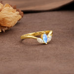 Unique, Minimalist 2-Prong Marquise Cut Moonstone Three-Stone Wedding Ring - Additional view