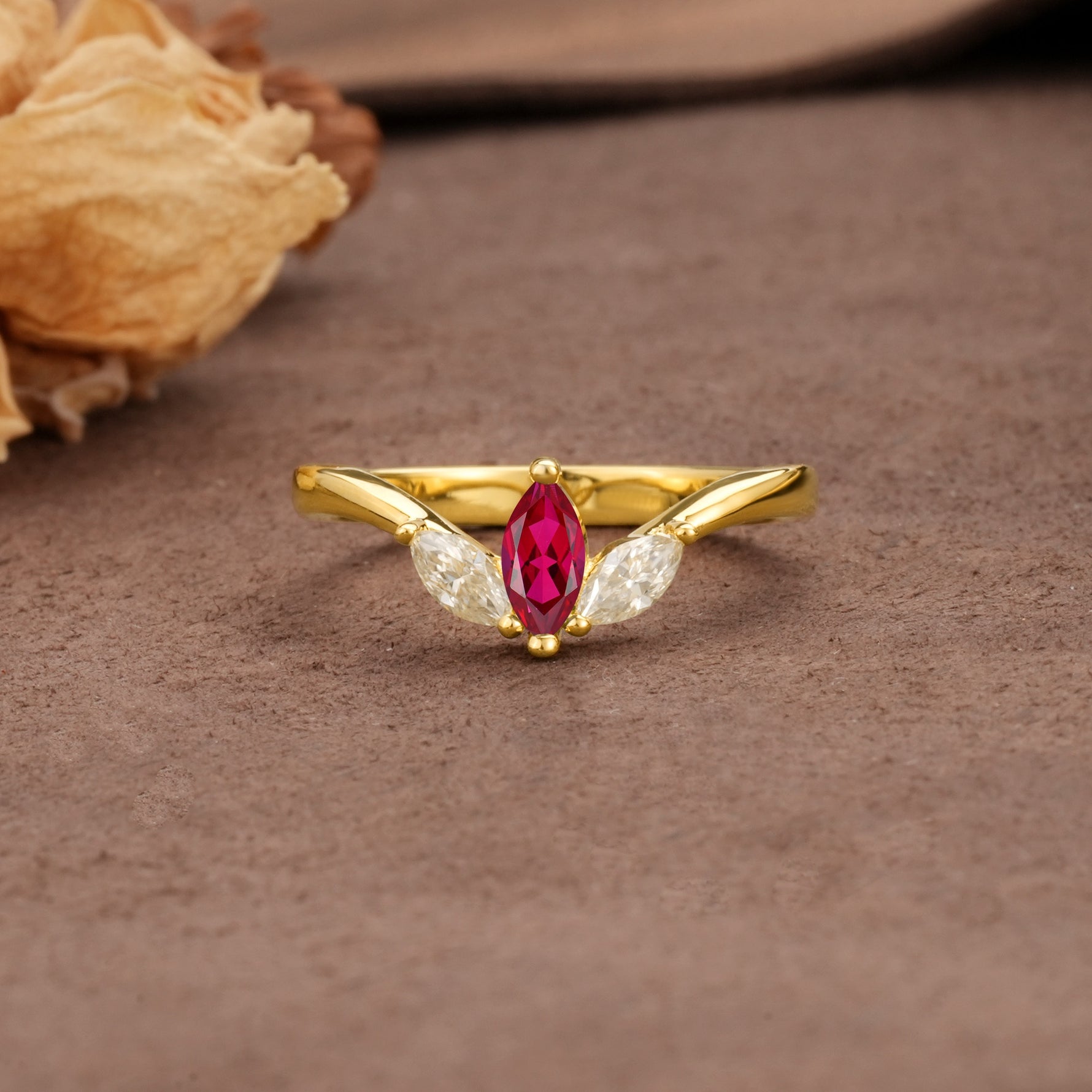 Unique, Minimalist 2-Prong Marquise Cut Ruby Three-Stone Wedding Ring - Additional view