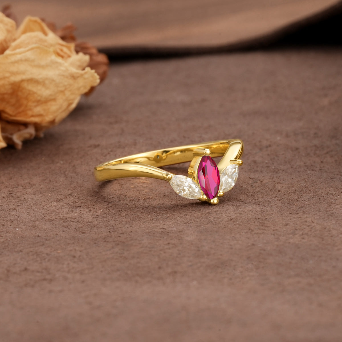 Unique, Minimalist 2-Prong Marquise Cut Ruby Three-Stone Wedding Ring - Additional view