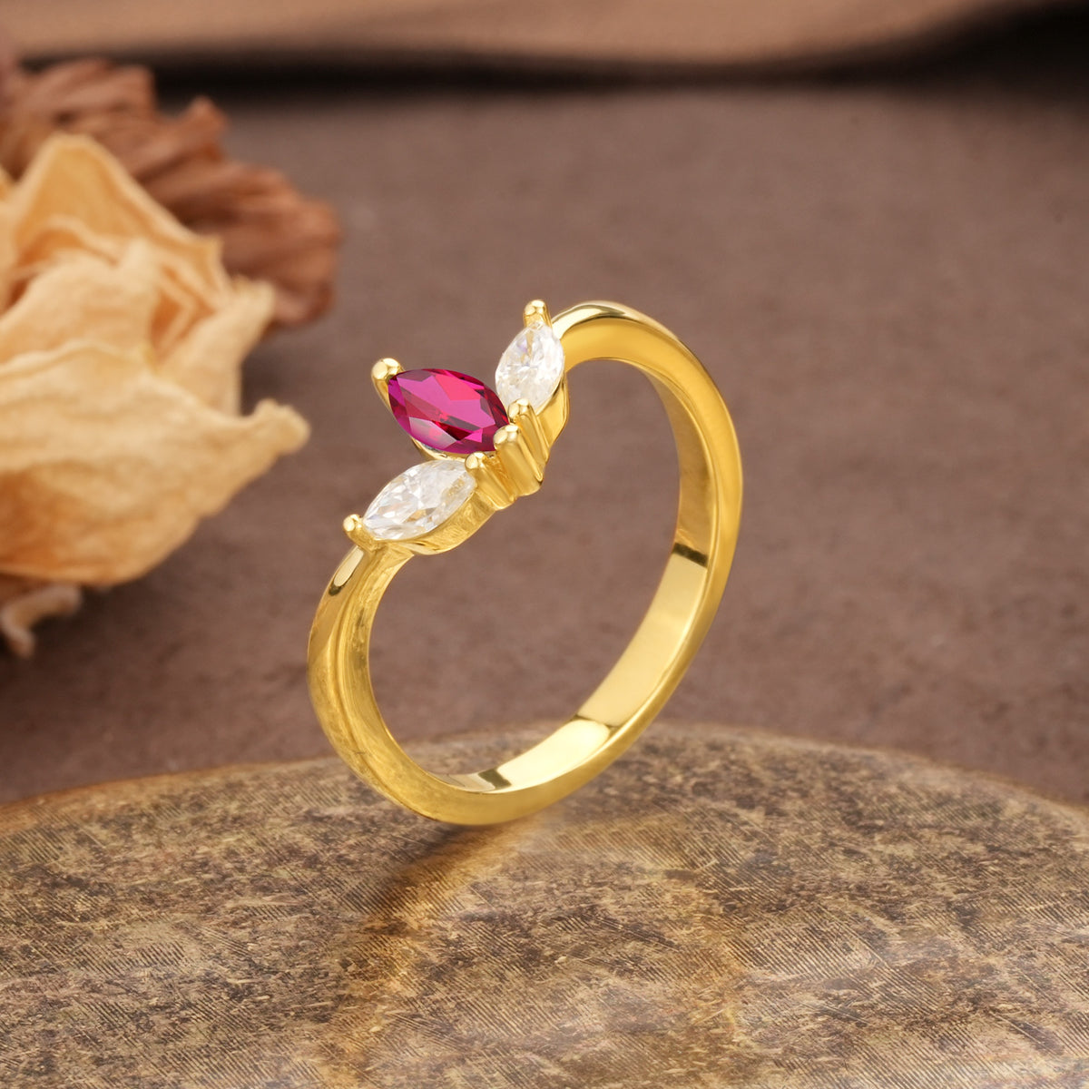 Unique, Minimalist 2-Prong Marquise Cut Ruby Three-Stone Wedding Ring - Additional view