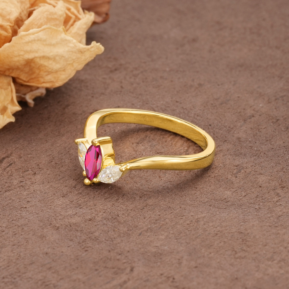 Unique, Minimalist 2-Prong Marquise Cut Ruby Three-Stone Wedding Ring - Additional view