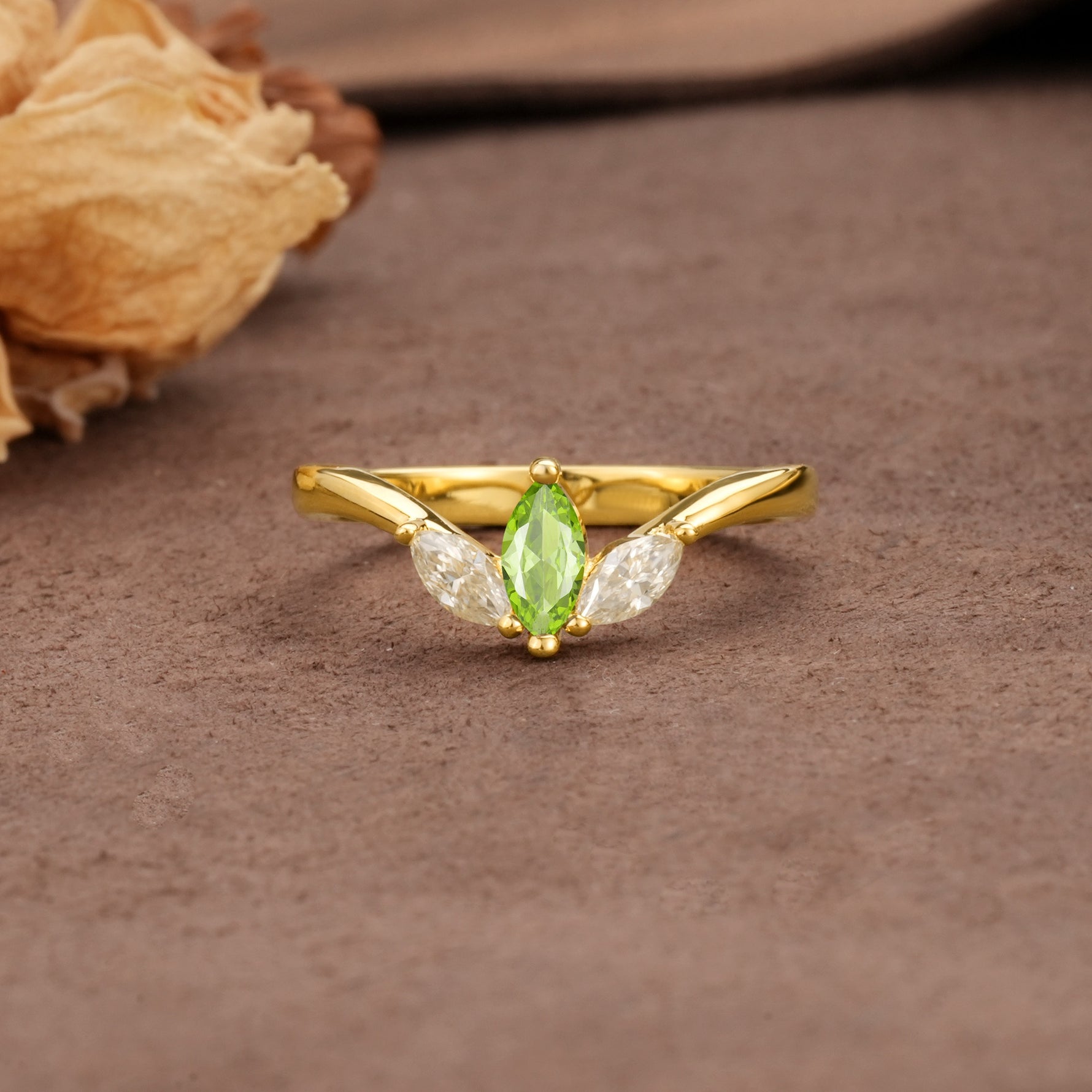 Unique, Minimalist 2-Prong Marquise Cut Peridot Three-Stone Wedding Ring - Additional view