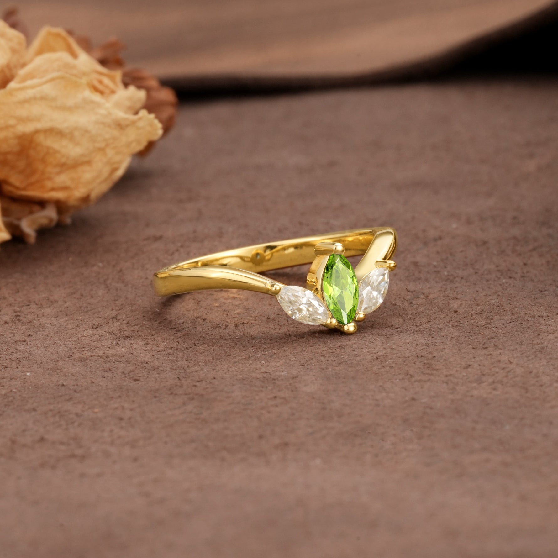 Unique, Minimalist 2-Prong Marquise Cut Peridot Three-Stone Wedding Ring - Additional view