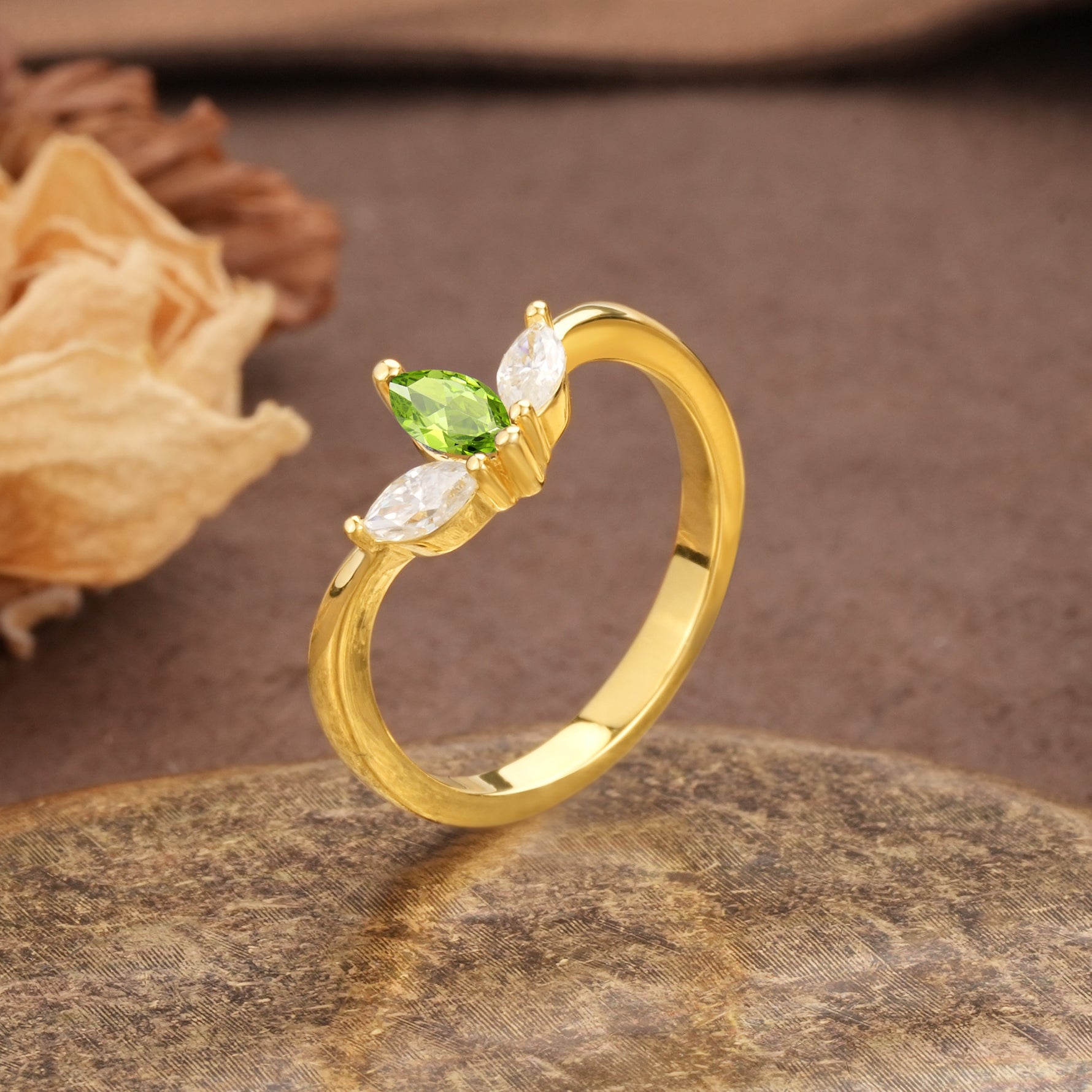 Unique, Minimalist 2-Prong Marquise Cut Peridot Three-Stone Wedding Ring - Additional view