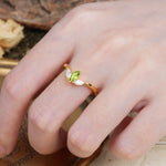 Unique, Minimalist 2-Prong Marquise Cut Peridot Three-Stone Wedding Ring - Additional view