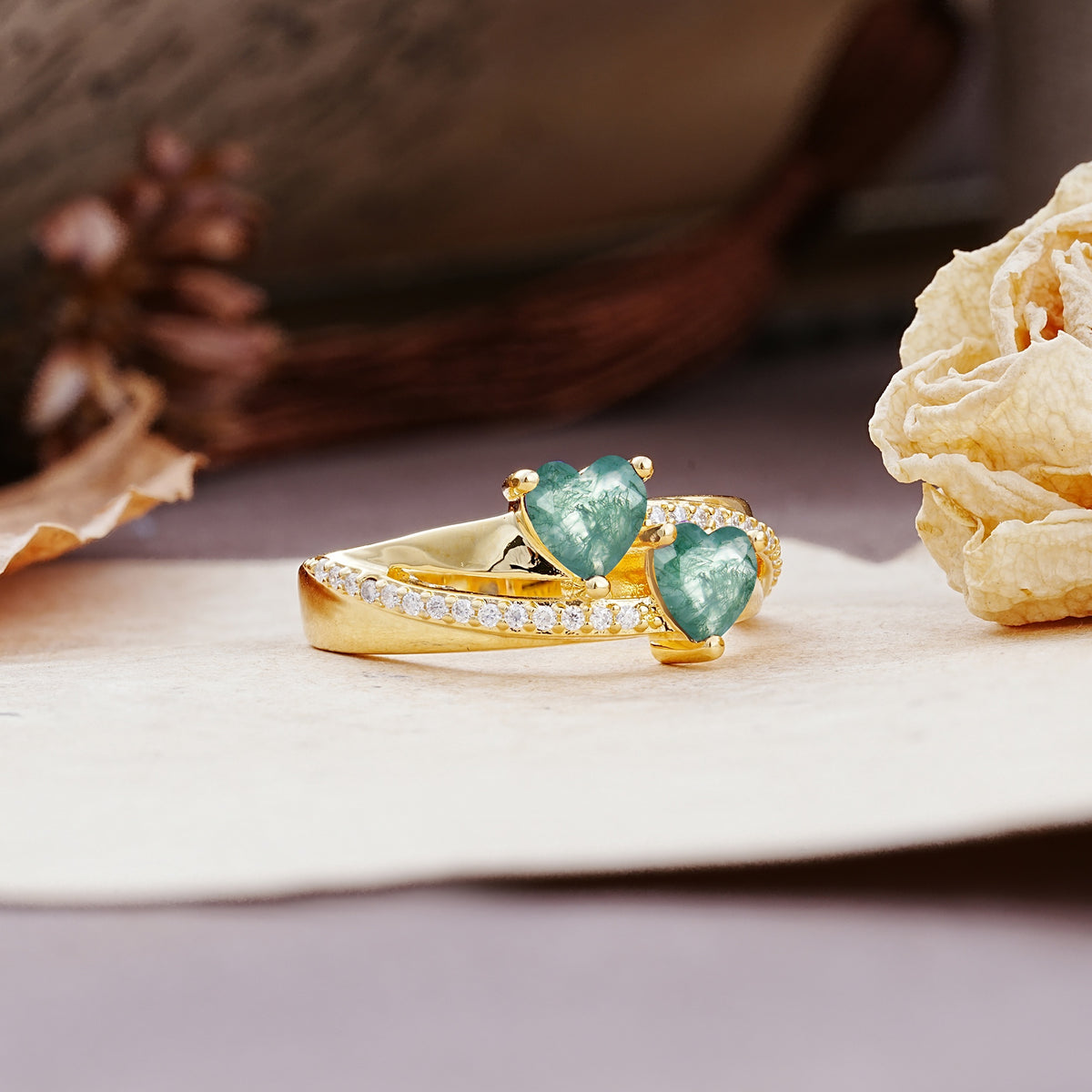 Classic Minimalist 4-Prong Round Cut Moss Agate Engagement Ring - Additional view