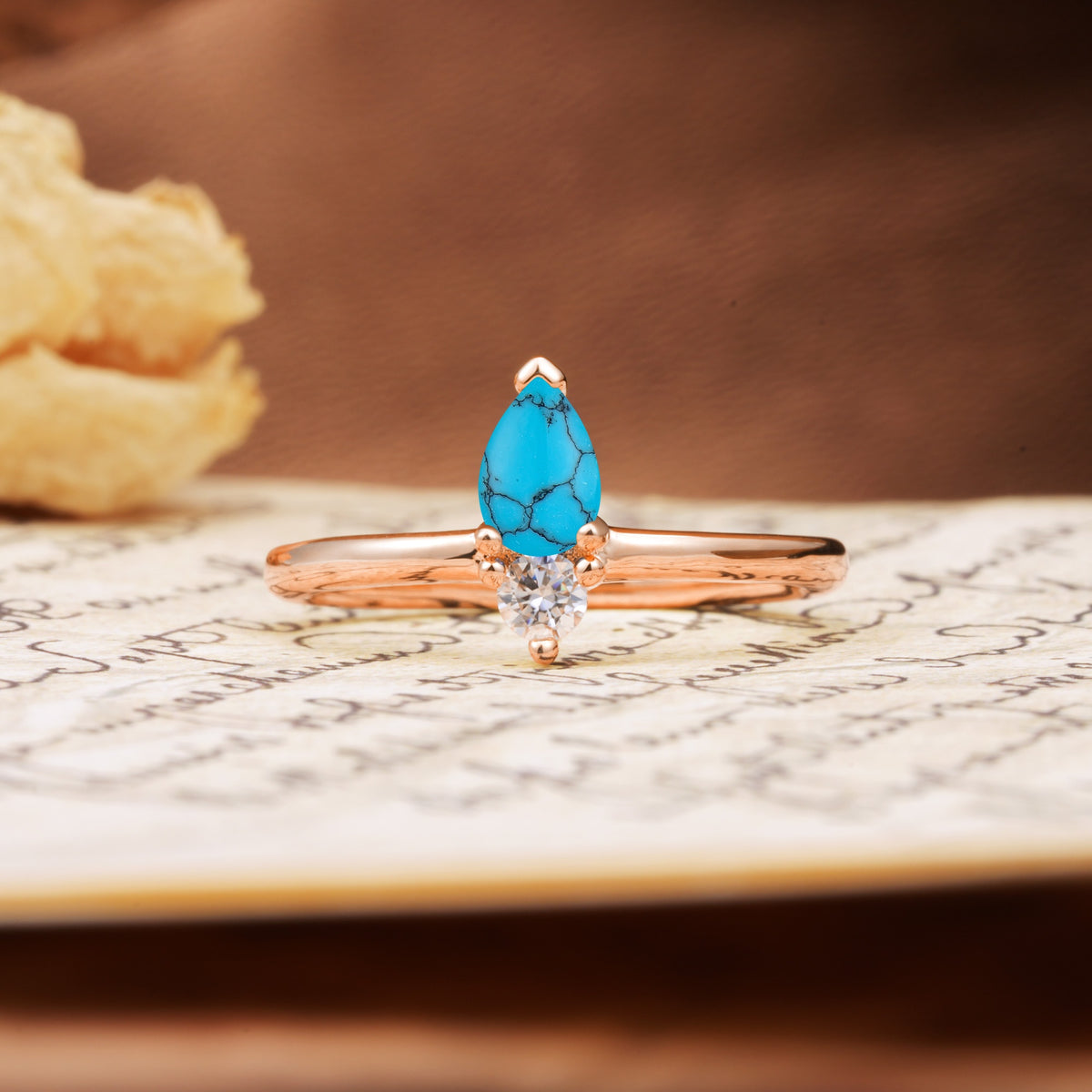 Luxurious 3-Prong Double Heart Cut Turquoise Engagement Ring - Additional view