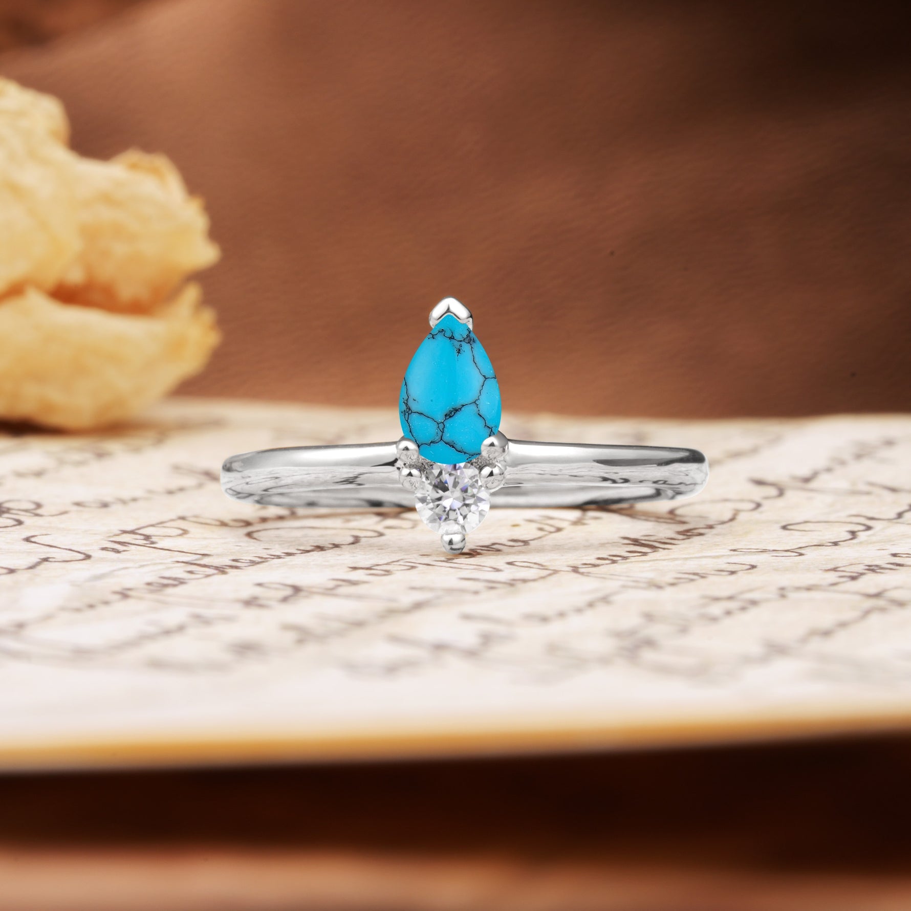 Luxurious 3-Prong Double Heart Cut Turquoise Engagement Ring - Additional view