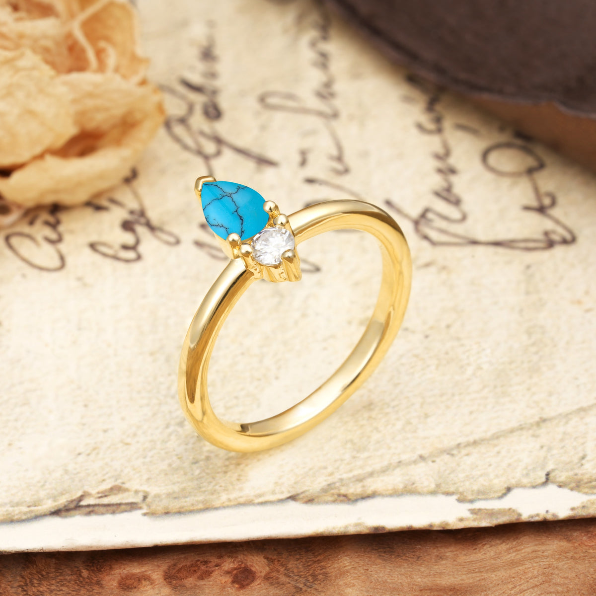 Luxurious 3-Prong Double Heart Cut Turquoise Engagement Ring - Additional view